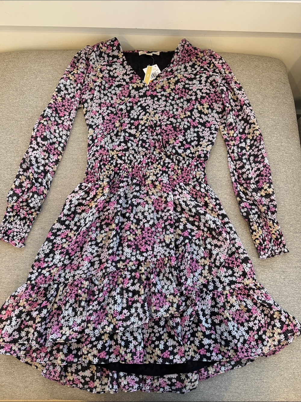 Michael Kors Floral Chiffon Long-Sleeve Tiered Dress
